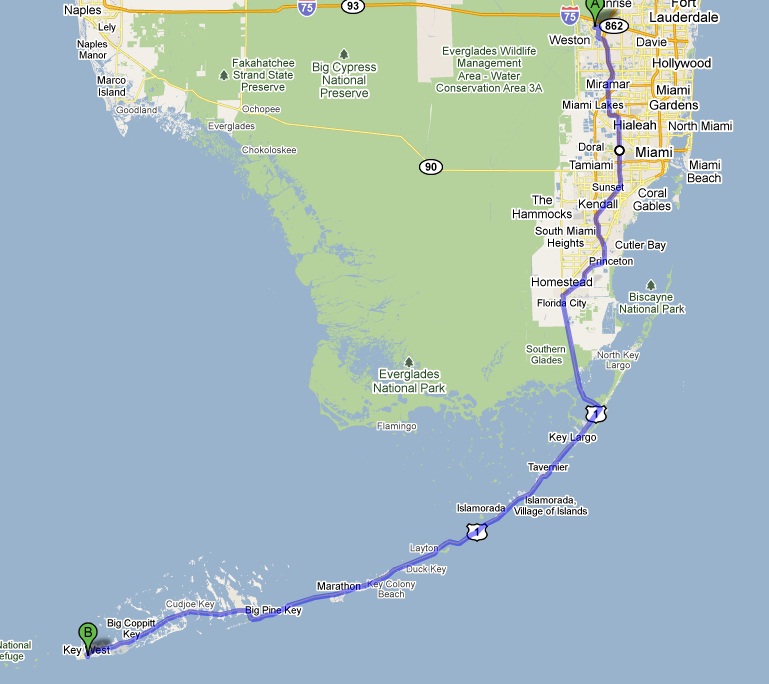 map of the route from Fort Lauderdale to Key West